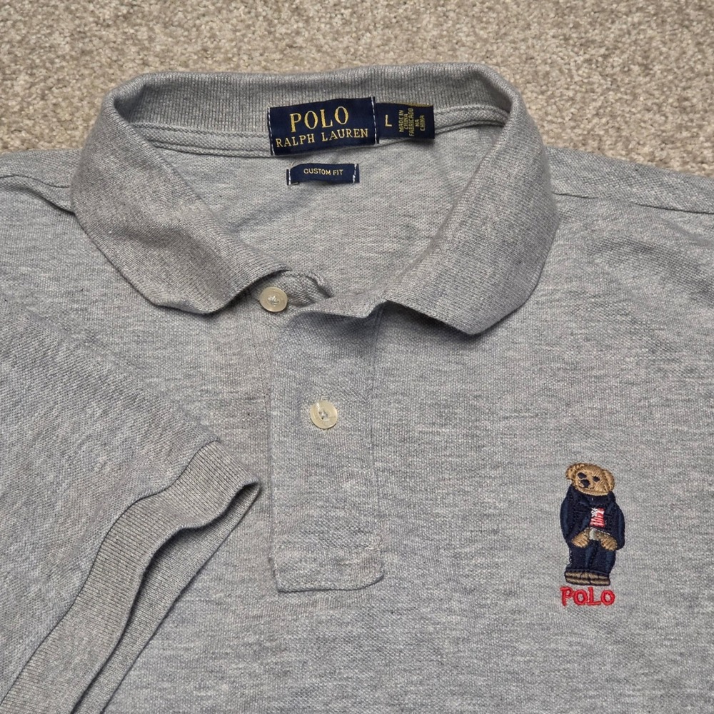 Polo‎ Ralph Lauren Mens Gray Polo Bear Flag Custom Fit Short Sleeve Shirt Sz L